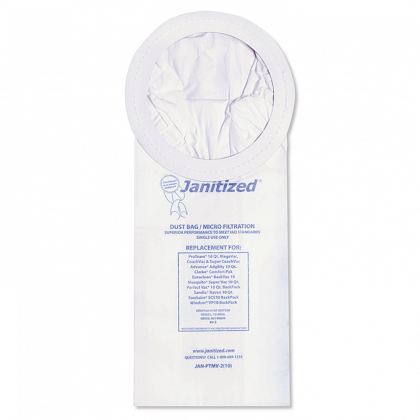 Vacuum Filter Bags Designed to Fit ProTeam 10 qt Super Coach/MegaVac, 100/Carton (JANPTMV2)