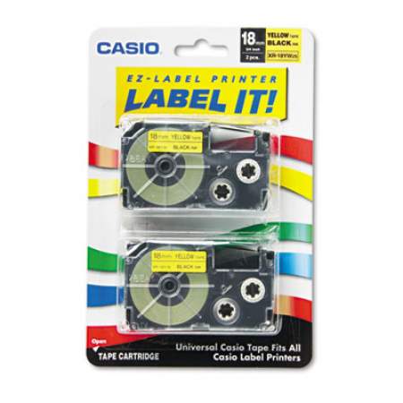 Casio Tape Cassettes for KL Label Makers, 0.75" x 26 ft, Black on Yellow, 2/Pack (XR18YW2S)