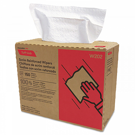 Tuff-Job Scrim Reinforced Wipers, 4-Ply, 9.75 x 16.75, White, 150/Box, 6 Box/Carton (W202)