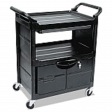Utility Cart with Locking Doors, Plastic, 3 Shelves, 200 lb Capacity, 33.63" x 18.63" x 37.75", Black (345700BLA)