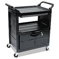 Utility Cart with Locking Doors, Plastic, 3 Shelves, 200 lb Capacity, 33.63" x 18.63" x 37.75", Black (345700BLA)