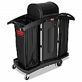 High-Security Housekeeping Cart, Plastic, 3 Shelves, 2 Bins, 22" x 51.75" x 53.5", Black/Silver (9T78)