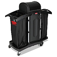 High-Security Housekeeping Cart, Plastic, 3 Shelves, 2 Bins, 22" x 51.75" x 53.5", Black/Silver (9T78)