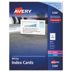 Avery Printable Index Cards with Sure Feed, Unruled, Inkjet/Laser, 3 x 5, White, 150 Cards, 3 Cards/Sheet, 50 Sheets/Box (5388)