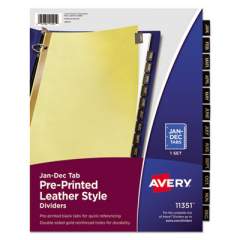 Avery Preprinted Black Leather Tab Dividers w/Gold Reinforced Edge, 12-Tab, Ltr (11351)