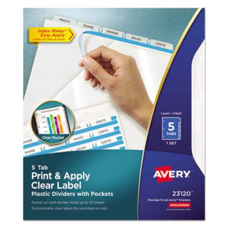 Avery Print/Apply 1-Pocket Index Maker Clear Label Plastic Dividers with Printable Label Strip, 5-Tab, 11 x 8.5, Translucent, 1 Set (23120)