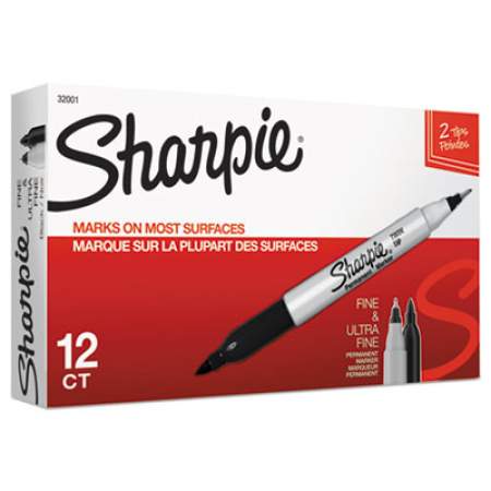 Sharpie Twin-Tip Permanent Marker, Extra-Fine/Fine Bullet Tips, Black, Dozen (32001)