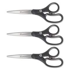 Westcott KleenEarth Basic Plastic Handle Scissors, 8" Long, 3.25" Cut Length, Black Straight Handles, 3/Pack (15585)