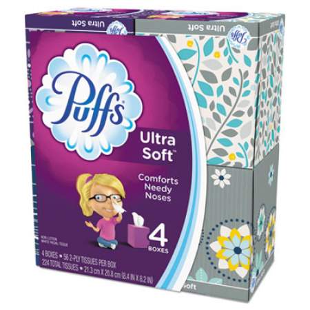 Puffs Ultra Soft Facial Tissue, 2-Ply, White, 56 Sheets/Box, 4 Boxes/Pack (35295PK)
