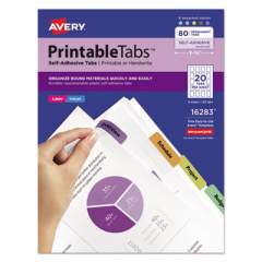 Avery Printable Plastic Tabs with Repositionable Adhesive, 1/5-Cut Tabs, Assorted Colors, 1.75" Wide, 80/Pack (16283)