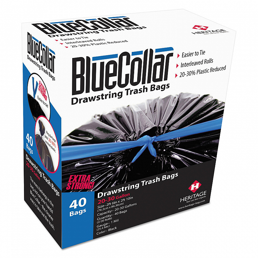 Drawstring Trash Bags, Drawstring, 30 gal, 1 mil, 30" x 34", Black, 20 Bags/Roll, 2 Rolls/Box (N6034YKRC1)