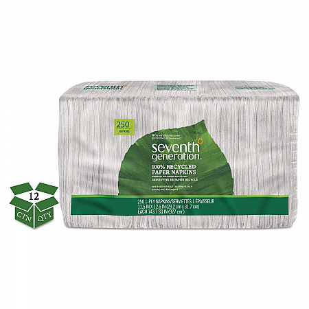 100% Recycled Napkins, 1-Ply, 11.5 x 12.5, White, 250/Pack, 12 Packs/Carton (13713CT)