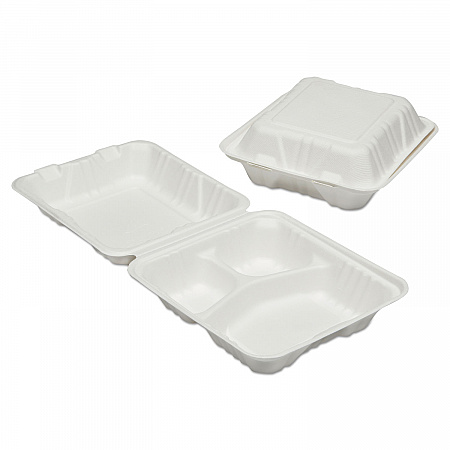 7350016646905, SKILCRAFT Clamshell Hinged Lid ToGo Food Containers, 3 Compartments, 8 x 8 x 3, White, Paper, 200/Box (6646905)