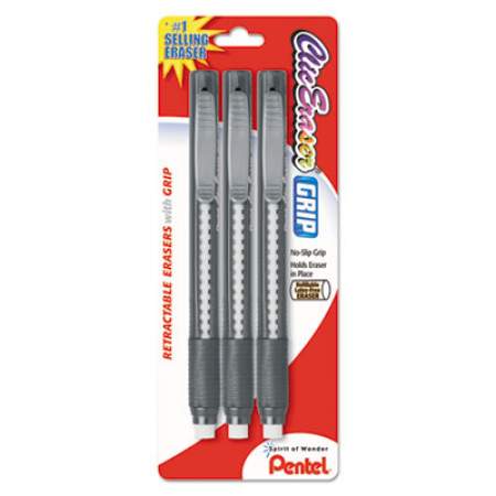 Pentel Clic Eraser Grip Eraser, For Pencil Marks, White Eraser, Randomly Assorted Barrel Color, 3/Pack (ZE21BP3K6)