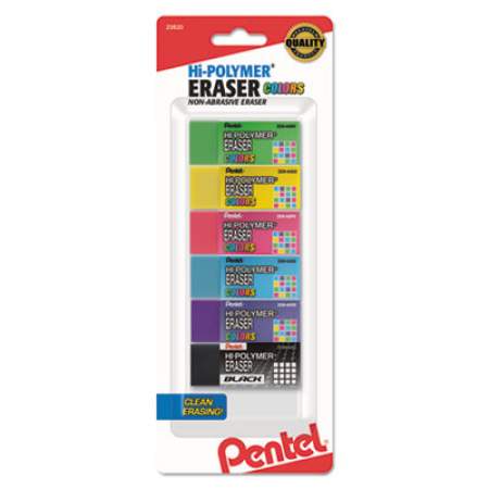 Pentel Hi-Polymer Eraser, For Pencil Marks, Rectangular Block, Medium, Assorted Colors, 6/Pack (ZEH05CRBP6M)