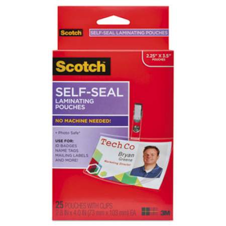 Scotch Self-Sealing Laminating Pouches, 12.5 mil, 2.31" x 4.06", Gloss Clear, 25/Pack (LS852G)