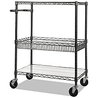Three-Tier Wire Cart with Basket, Metal, 2 Shelves, 1 Bin, 500 lb Capacity, 34" x 18" x 40", Black Anthracite (SW543018BA)