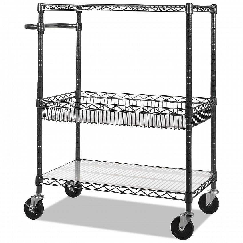 Three-Tier Wire Cart with Basket, Metal, 2 Shelves, 1 Bin, 500 lb Capacity, 34" x 18" x 40", Black Anthracite (SW543018BA)