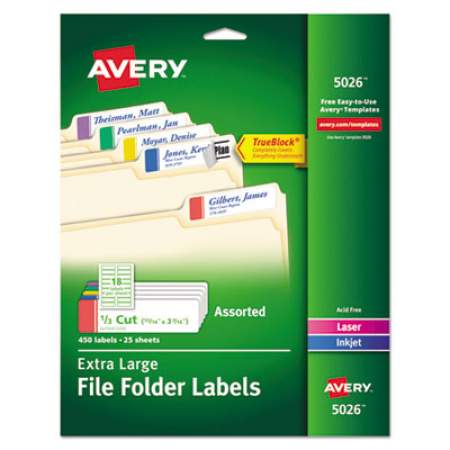 Avery Extra-Large TrueBlock File Folder Labels with Sure Feed Technology, 0.94 x 3.44, White, 18/Sheet, 25 Sheets/Pack (5026)