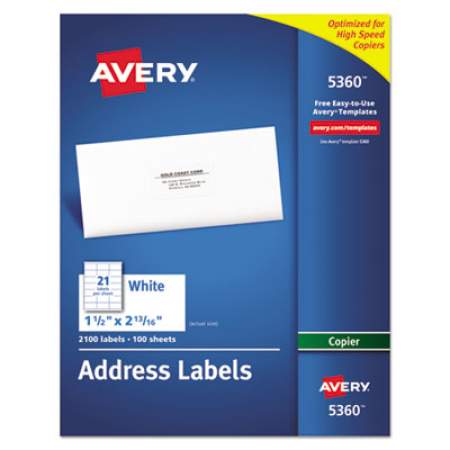 Avery Copier Mailing Labels, Copiers, 1.5 x 2.81, White, 21/Sheet, 100 Sheets/Box (5360)