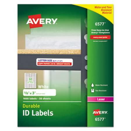 Avery Durable Permanent ID Labels with TrueBlock Technology, Laser Printers, 0.63 x 3, White, 32/Sheet, 50 Sheets/Pack (6577)