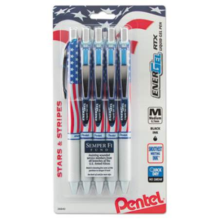 Pentel EnerGel RTX Gel Pen, Retractable, Medium 0.7 mm, Black Ink, Red/White/Blue Barrel, 5/Pack (BL77USABP5A)