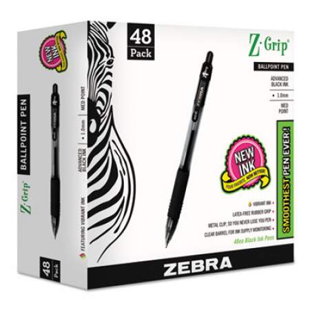 Zebra Z-Grip Ballpoint Pen, Retractable, Medium 1 mm, Black Ink, Black Barrel, 48/Pack (22148)