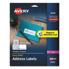 Avery Glossy White Easy Peel Mailing Labels w/ Sure Feed Technology, Laser Printers, 1 x 2.63, White, 30/Sheet, 25 Sheets/Pack (6526)