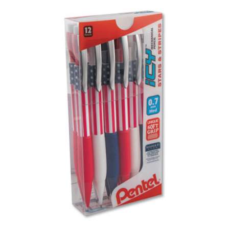 Pentel Icy Mechanical Pencil, 0.7 mm, HB (#2.5), Black Lead, Blue/Red/White Barrel, Dozen (AL27USAPC12M)