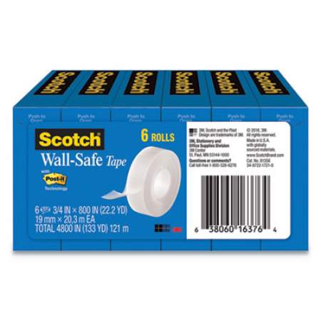 Scotch Wall-Safe Tape, 1" Core, 0.75" x 66.66 ft, Clear, 6/Pack (813S6)