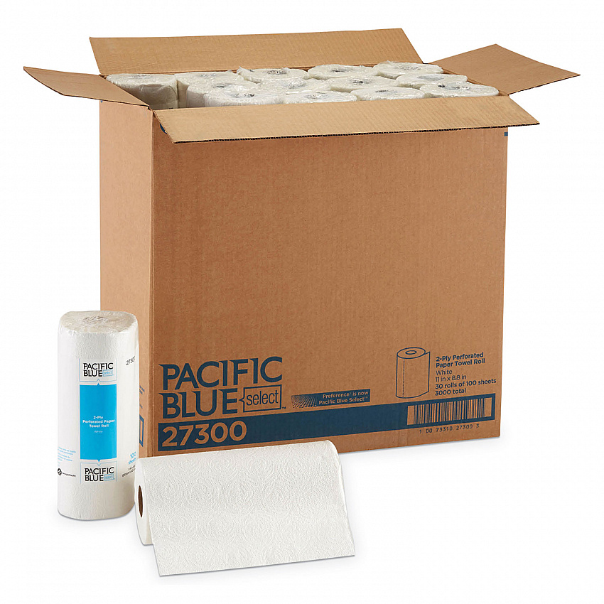 Pacific Blue Select Two-Ply Perforated Paper Kitchen Roll Towels, 2-Ply, 11 x 8.8, White, 100/Roll, 30 Rolls/Carton (27300)