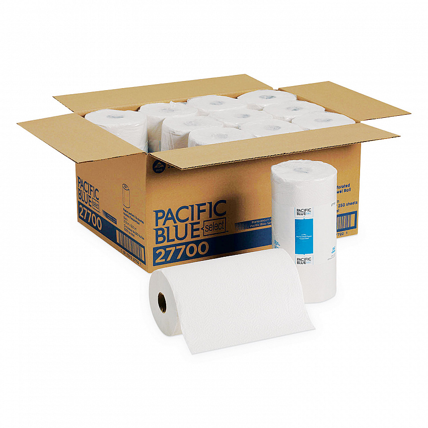 Pacific Blue Select Two-Ply Perforated Paper Kitchen Roll Towels, 2-Ply, 11 x 8.8, White, 250/Roll, 12 Rolls/Carton (27700)