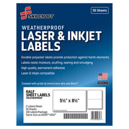 AbilityOne 7530016736219 SKILCRAFT Weatherproof Mailing Labels, Laser Printers, 5.5 x 8.5, White, 2/Sheet, 50 Sheets/Pack