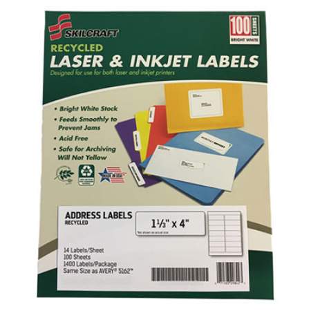 AbilityOne 7530016736513 SKILCRAFT Recycled Laser and Inkjet Labels, Inkjet/Laser Printers, 1.33 x 4, White, 14/Sheet, 100 Sheets/Box