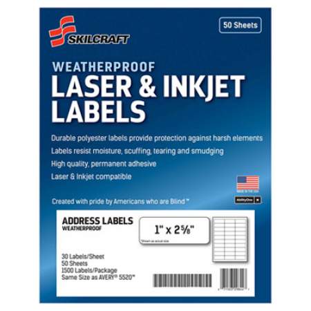 AbilityOne 7530016736516 SKILCRAFT Weatherproof Mailing Labels, Laser Printers, 1 x 2.63, White, 30/Sheet, 50 Sheets/Box