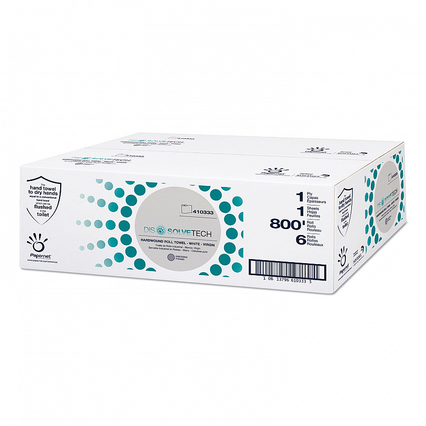 DissolveTech Paper Towel, 1-Ply, 7.8" x 800 ft, White, 6 Rolls/Case (410333)