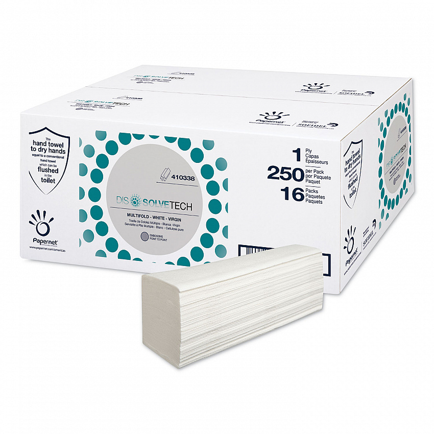 DissolveTech Paper Towel, 1-Ply, 9.49 x 8.11, White, 250/Pack, 16 Packs/Carton (410338)