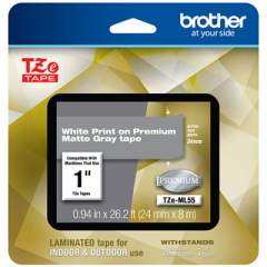 Brother TZe Premium Laminated Tape, 0.94" x 26.2 ft, White on Gray (TZEML55)