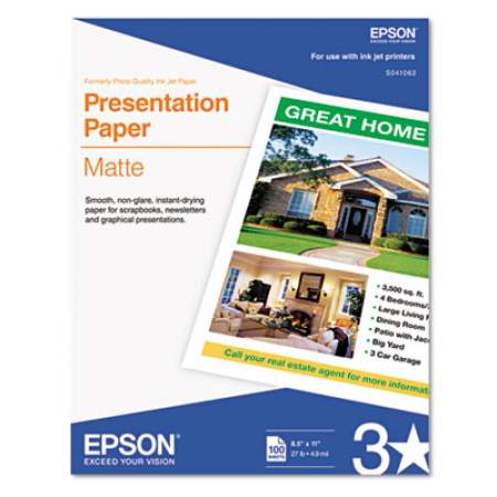 Epson Matte Presentation Paper, 4.9 mil, 8.5 x 11, Matte Bright White, 100/Pack (S041062)