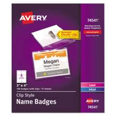 Avery Clip-Style Name Badge Holder with Laser/Inkjet Insert, Top Load, 4 x 3, White, 100/Box (74541)