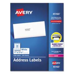 Avery White Address Labels w/ Sure Feed Technology for Laser Printers, Laser Printers, 1 x 2.63, White, 30/Sheet, 250 Sheets/Box (45160)