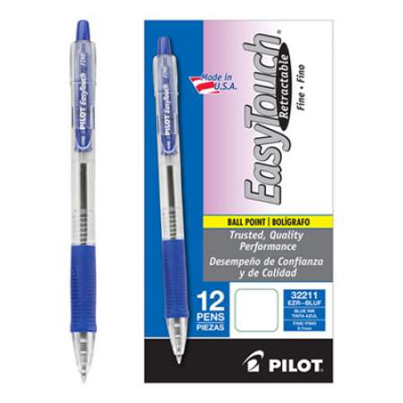 Pilot EasyTouch Ballpoint Pen, Retractable, Fine 0.7 mm, Blue Ink, Clear Barrel, Dozen (32211)