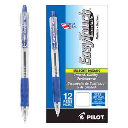 Pilot EasyTouch Ballpoint Pen, Retractable, Medium 1 mm, Blue Ink, Clear Barrel, Dozen (32221)