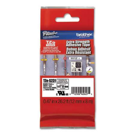 Brother P-Touch TZe Extra-Strength Adhesive Laminated Labeling Tape, 0.47" x 26.2 ft, Black on White (TZES231)