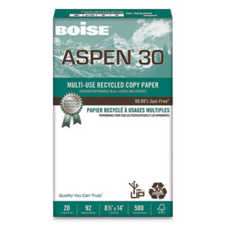 Boise ASPEN 30 Multi-Use Recycled Paper, 92 Bright, 20lb, 8.5 x 14, White, 500 Sheets/Ream, 10 Reams/Carton (054904)