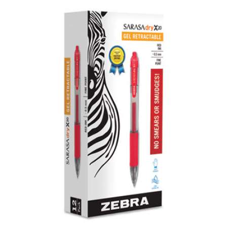 Zebra Sarasa Dry Gel X20 Gel Pen, Retractable, Fine 0.5 mm, Red Ink, Translucent Red Barrel, Dozen (46730)