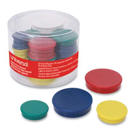 Universal High-Intensity Assorted Magnets, 3/4", 1 1/4" and 1 1/2" dia, Assorted Colors, 30/Pack (31251)