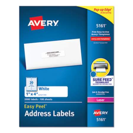 Avery Easy Peel White Address Labels w/ Sure Feed Technology, Laser Printers, 1 x 4, White, 20/Sheet, 100 Sheets/Box (5161)
