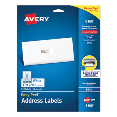 Avery Easy Peel White Address Labels w/ Sure Feed Technology, Inkjet Printers, 1 x 2.63, White, 30/Sheet, 25 Sheets/Pack (8160)