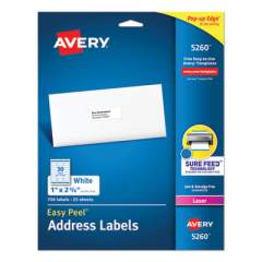 Avery Easy Peel White Address Labels w/ Sure Feed Technology, Laser Printers, 1 x 2.63, White, 30/Sheet, 25 Sheets/Pack (5260)